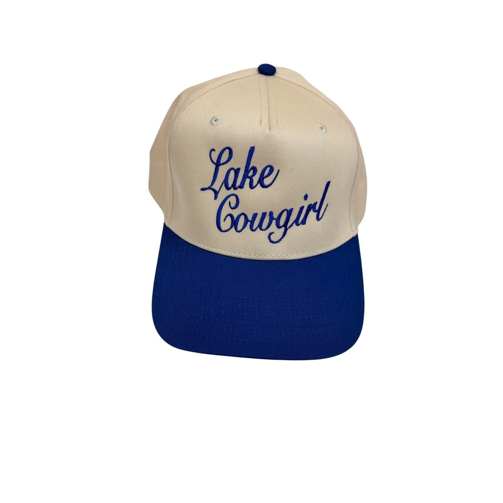 Lake Cowgirl Snapback Hat Cream Blue Script Embroidered Trucker Cap Adustsble